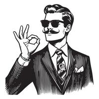 Man with mustache and glasses doing ok sign illustration vector