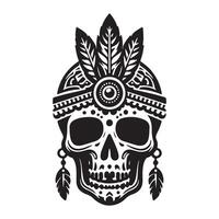 Intricate Sugar Skull Silhouette Illustration with Feathers Design vector