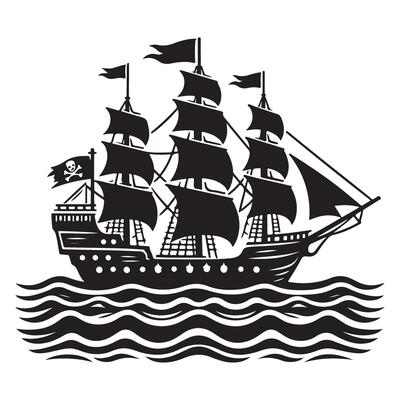 Pirate ship silhouette sailing on ocean with skull flag