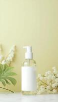 Elegant transparent bottle with label for cosmetic product presentation photo