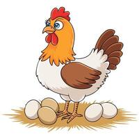 Hen with seven eggs on white vector