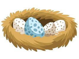 Bird nest and eggs in a cartoon forest scene vector