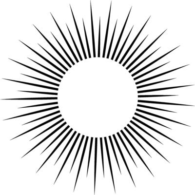 Black radiating lines surrounding a white circle against a white background create a dynamic, pointed composition, emphasizing contrast and energy in a modern, abstract design