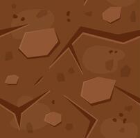 Seamless cartoon game ground texture forming a repeating pattern, representing a stylized surface with cracks, rocks, and dirt, suitable for game level design or background vector