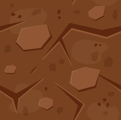 Seamless cartoon game ground texture forming a repeating pattern, representing a stylized surface with cracks, rocks, and dirt, suitable for game level design or background