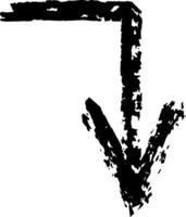 Black textured arrow pointing down, hand drawn with chalk on a white background, creating a rough and authentic look, ideal for design projects needing a touch of handmade style vector