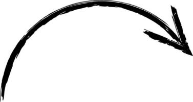 Black curved arrow pointing down and right, hand drawn with chalk on a white background, serving as an ideal design element for educational and business presentations vector