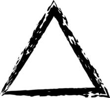 Black, hand drawn triangle with a grunge texture is pointing downwards, isolated on a white background, suitable for various design purposes vector