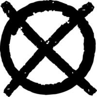 Black cross mark intersecting a circle, forming a prohibition symbol in a rough, hand drawn style, isolated on a white background vector