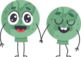 Two funny cartoon planets holding hands, one with open surprised eyes and the other with closed relaxed eyes, both smiling, ideal for children book illustrations or fantasy world creations vector