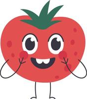 Funny tomato character with big eyes, green leaves, hands and feet, smiling and touching its face, blushing, isolated on a white background vector