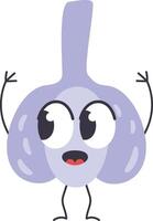 Cartoon garlic character with large eyes and an open mouth, raising hands in excitement, creating a fun and playful atmosphere. Whimsical vegetable illustration isolated on a white background vector