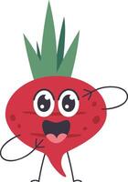 Beetroot mascot pointing at itself with a surprised expression, big eyes and open mouth, promoting healthy eating habits and vegetarian lifestyle vector