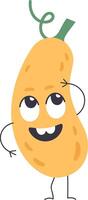 Cartoon butternut squash character with big eyes, smiling and pointing a finger at its head, standing on thin legs and thinking about something vector