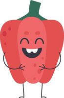 Cartoon illustration of a happy red bell pepper character laughing with joy, arms down, isolated on white background, ideal for healthy food or vegan concepts vector