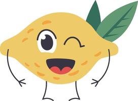 Funny lemon cartoon character winking with one eye and smiling broadly, standing on two thin legs while sporting two vibrant leaves on its head, radiating cheerful energy vector