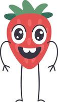 Cartoon illustration of a happy strawberry fruit character standing with big eyes, smiling, and arms outstretched, isolated on a white background vector