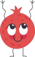 Funny pomegranate cartoon character raising hands with joy, smiling and standing on its feet, isolated illustration on white background vector