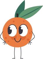 Cartoon orange fruit character with big eyes and a smile is standing with its hands on its hips, conveying a playful and confident attitude vector