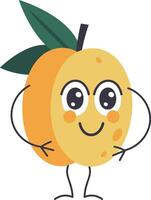 Cartoon apricot fruit character smiling widely with large expressive eyes and hands on hips, exuding a cheerful and playful vibe in an isolated illustration vector
