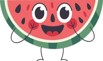 Cartoon character of a smiling watermelon slice with big eyes, hands on cheeks and thin legs, isolated illustration on white background vector