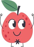 Cartoon illustration featuring a cheerful red apple character joyfully raising its arms, showcasing big expressive eyes and a wide smile, set against a clean white background vector