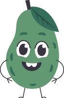 Happy smiling avocado cartoon character standing with arms akimbo, showing two teeth and big eyes, with a green leaf on top of its head, isolated on white background vector