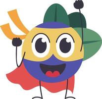 Funny superhero fruit character wearing a mask and a cape raising fists and celebrating, brave fruit mascot in cloak costume isolated icon vector