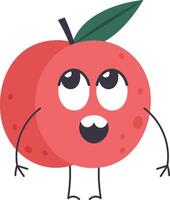 Surprised red apple cartoon character standing with arms down and mouth wide open, featuring big expressive eyes and a vibrant green leaf on top, exuding a playful and cheerful vibe vector