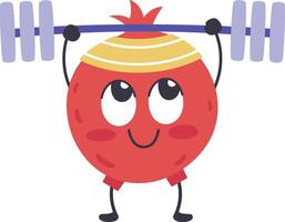 Cheerful pomegranate cartoon character wearing a sweatband is lifting a barbell with a determined expression, promoting a healthy lifestyle through fitness and exercise vector