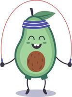 Cheerful avocado character wearing a headband and shorts joyfully jumping rope, embodying the essence of a healthy, active lifestyle filled with energy and fun vector