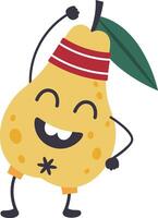 Funny cartoon character of a pear wearing a headband and shorts doing fitness exercises with a big smile, promoting healthy lifestyle and sports activities vector