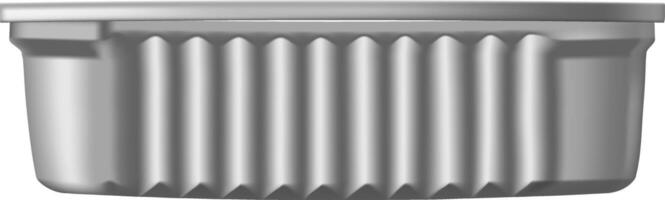 Gray metallic tin can featuring a ribbed surface and a closed lid, presenting a sleek and modern design ideal for preserving food or beverages in an airtight manner vector