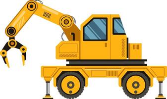 Side view of a robotic crane lifting heavy loads with a hydraulic arm, mounted on a vibrant yellow truck, set against a clean white background vector