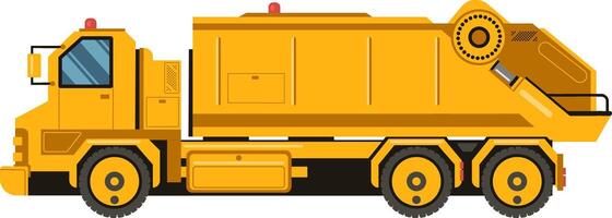 Heavy yellow garbage truck collecting waste, viewed from the side against a white background, representing waste management and environmental protection vector