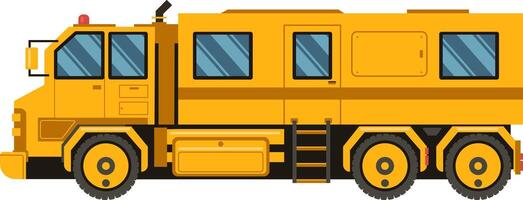 Side view of a large yellow off road truck featuring a mobile laboratory module, designed for rugged terrain and remote exploration, isolated against a clean white background vector