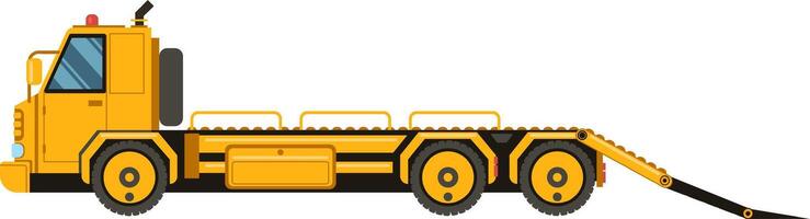 Heavy yellow truck with lowered loading ramp extended, preparing to transport heavy machinery or vehicles, representing logistics, transportation, and heavy duty operations vector
