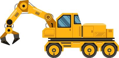 Side view of a yellow log loader truck with a robotic arm and claw, efficiently manipulating logs for forestry and lumber processing operations vector