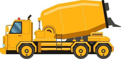 Yellow cement mixer truck rotating its drum while delivering concrete to a construction site, ensuring efficient material transportation for building projects vector