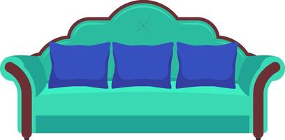 Comfortably arranged light green sofa adorned with three blue pillows and supported by dark brown wooden legs, inviting guests into a stylish modern interior design vector