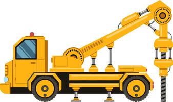 Yellow drilling truck featuring a mechanical arm and drill, actively working on a project, set against a clean white background, highlighting its industrial capabilities and power vector