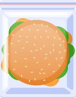 Delicious hamburger with sesame bun, lettuce, and cheese is vacuum sealed in a plastic bag, ready to be stored or transported while maintaining its freshness and preventing freezer burn vector