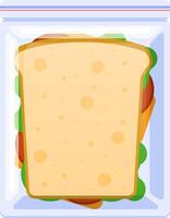 Sandwich with lettuce, tomato, ham and cheese packed inside a freezer bag, ready to be stored or taken on the go, representing meal prepping, convenience, and freshness preservation vector
