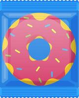 Single pink glazed donut with colorful sprinkles contained in a sealed blue plastic package, creating a visually appealing presentation of a sweet treat vector