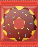 Flow pack packaging containing a delicious chocolate donut with colorful sprinkles, perfect for a sweet treat on the go, offering a convenient and visually appealing way to enjoy a donut vector