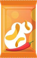 Bright orange chips package featuring bold spicy flavoring and a striking red chili pepper, highlighting a hot and flavorful snack perfect for indulgence and sharing vector