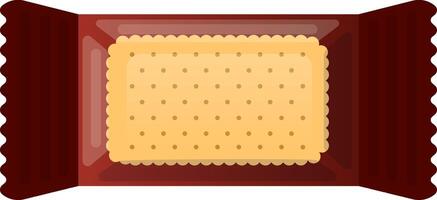 Rectangular dry cracker resting in vibrant red packaging with scalloped edges, waiting to be opened. Isolated against a clean white background, offering a tempting snack option vector