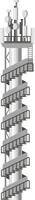 Telecommunication tower featuring multiple antennas and a spiral staircase wrapping around, providing access for maintenance and repairs, in a minimalist grayscale illustration vector