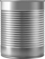 Gray metal tin can featuring parallel horizontal grooves, designed for preserving food or drink, isolated against a clean white background for a striking presentation vector