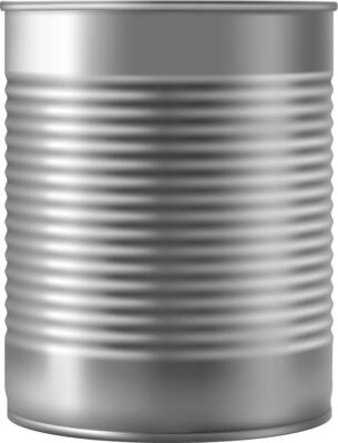 Gray metal tin can featuring parallel horizontal grooves, designed for preserving food or drink, isolated against a clean white background for a striking presentation
